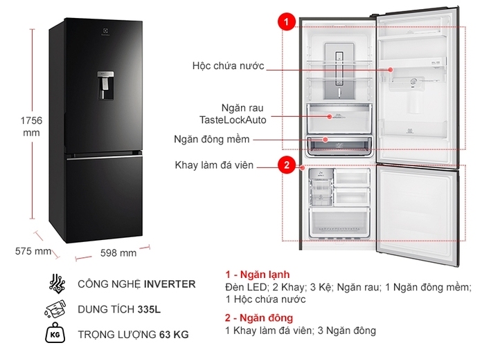 Tủ lạnh Electrolux Inverter 335L EBB3762K-H