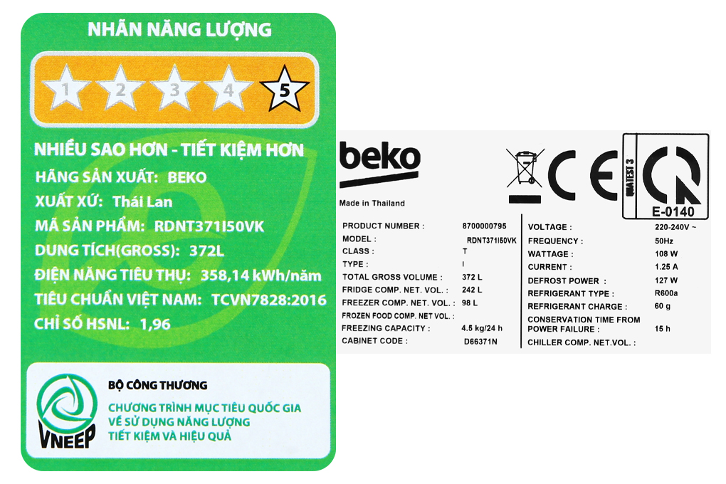 Tủ lạnh Beko Inverter 340 lít RDNT371I50VK