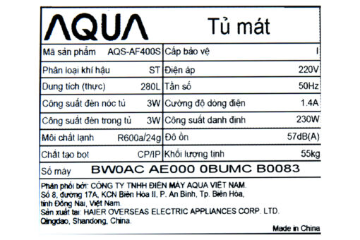 Tủ mát Aqua 280 lít AQS-AF400S