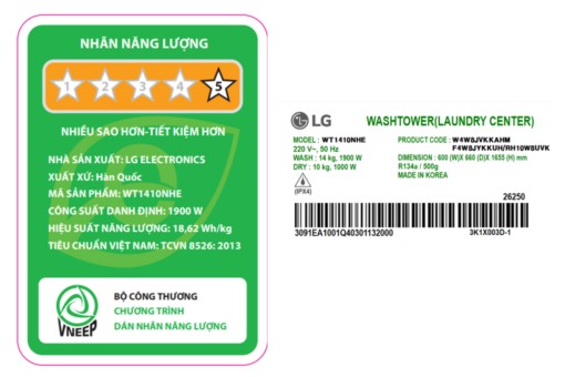Tháp giặt sấy LG WashTower Inverter giặt 14 kg - sấy 10 kg WT1410NHE