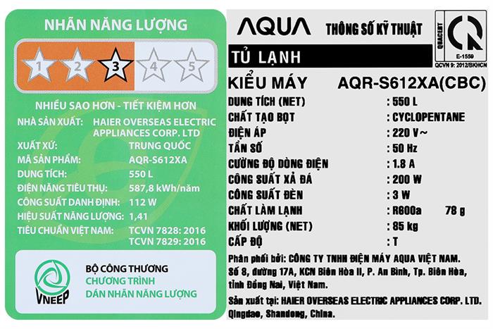 Tủ lạnh Aqua Inverter 550 lít Side By Side AQR-S612XA(CBC)