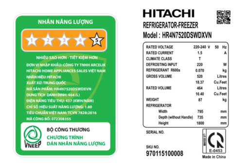 Tủ lạnh Hitachi Inverter 464 lít Multi Door HR4N7520DSWDXVN