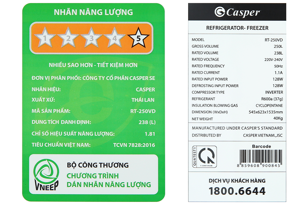 Tủ lạnh Casper Inverter 238 lít RT-250VD