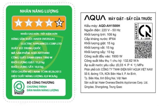 Máy giặt sấy Aqua Inverter giặt 15 kg - sấy 10 kg AQD-AH1500H.PS