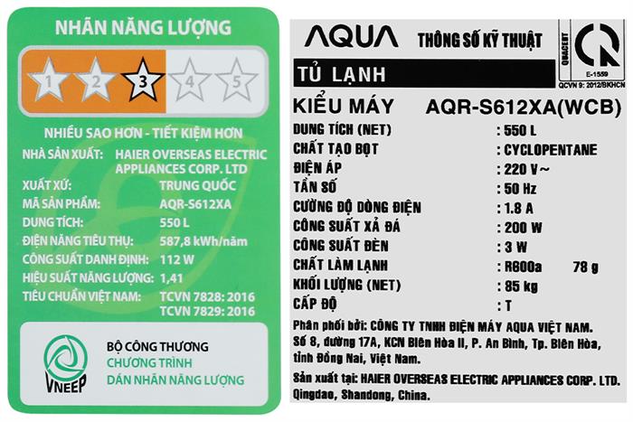Tủ lạnh Aqua Inverter 550 lít Side By Side AQR-S612XA.WCB