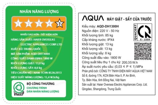 Máy giặt sấy Aqua inverter 13kg AQD-DH1300J.PS (8kg sấy)
