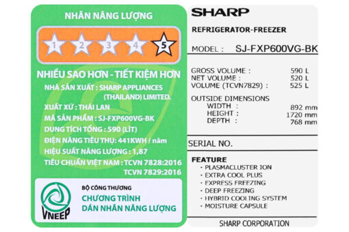 Tủ lạnh Sharp SJ-FXP600VG-BK Inverter 525 lít