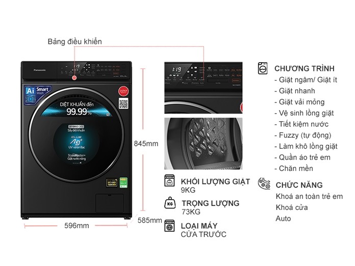 Máy giặt lồng ngang Panasonic Inverter 9Kg NA-V90FR1BVT