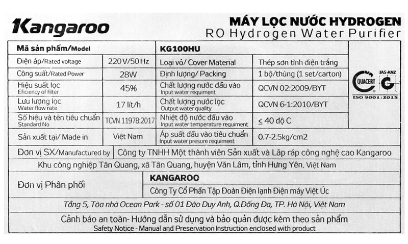 Máy lọc nước R.O Hydrogen Kangaroo KG100HU 5 lõi