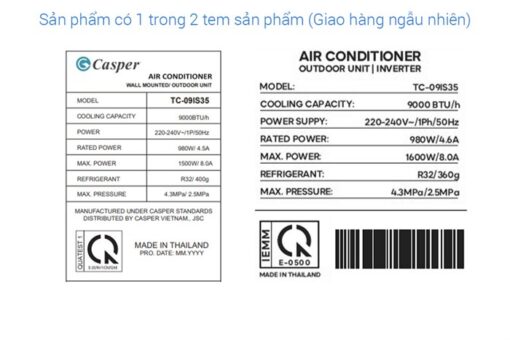 Điều hòa Casper inverter 1 chiều 9000 BTU TC-09IS35