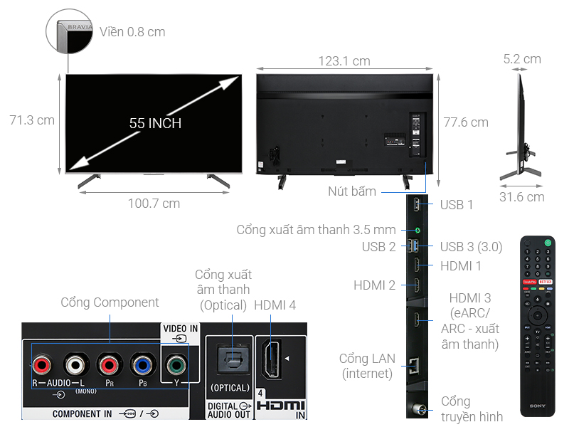 Thông số kỹ thuật Android Tivi Sony 4K 55 inch KD-55X8500H