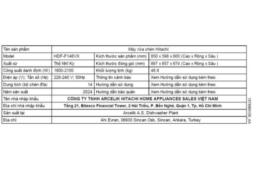 Máy rửa bát độc lập Hitachi 14 bộ HDF-F146VX