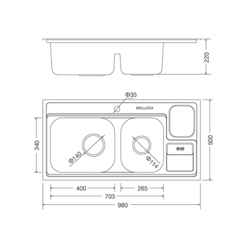 Chậu rửa Inox 2 hố Malloca 98cm MS 8809 N