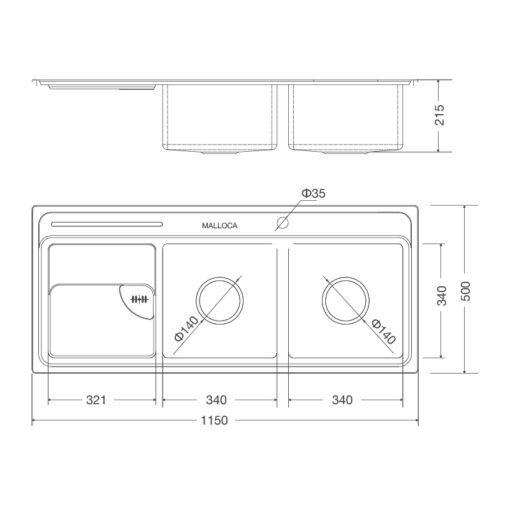 Chậu rửa Inox 2 hố Malloca 115cm MS 8816 N bàn chờ trái